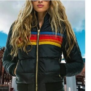 Sz L Hooded Women's Black Puffer Jacket with Stripes and Side Zippers